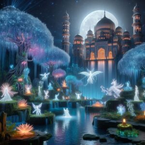 a mesmerizing fantasy scene set in a mythical enchanted forest illuminated by ethereal moonlight featuri 24003600