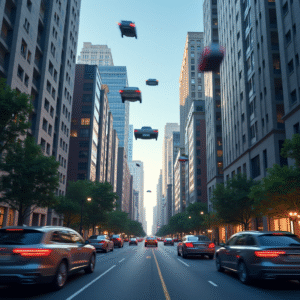 futurisrtic city scape with street and flying cars 3