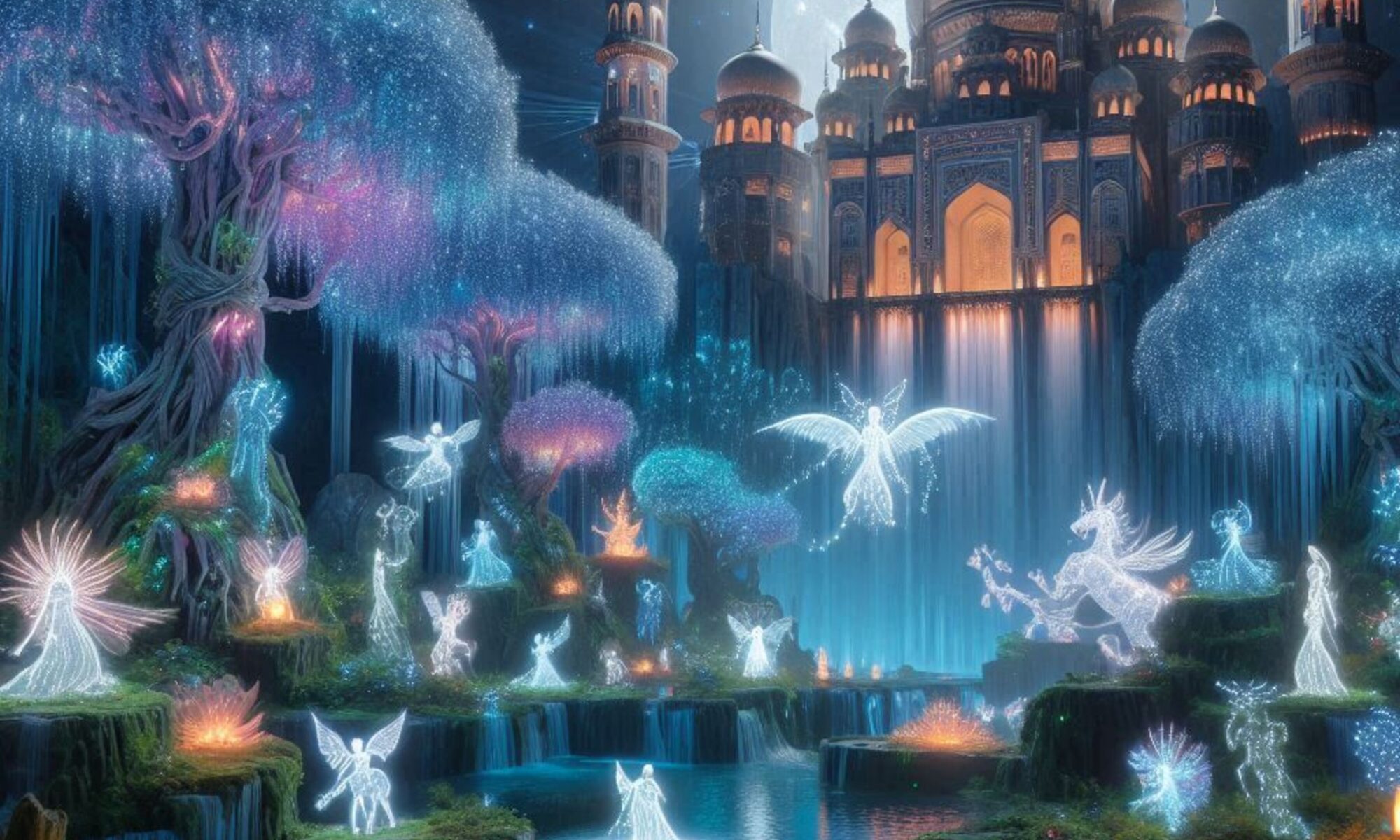 a mesmerizing fantasy scene set in a mythical enchanted forest illuminated by ethereal moonlight featuri 24003600